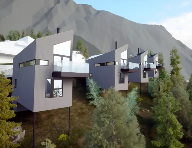 Fjellhøyt hustak kledd i tre med store vinduer og balkonger.