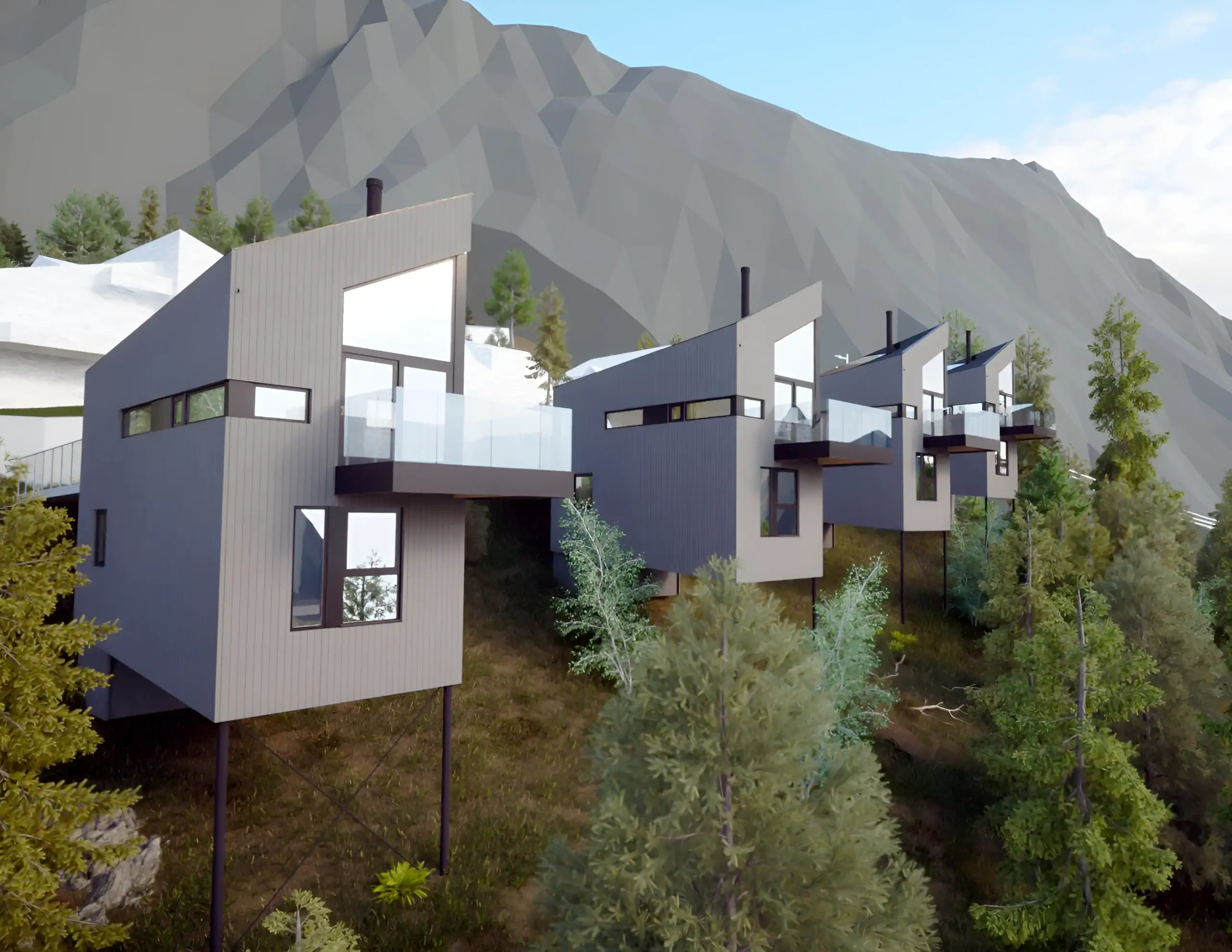 Fjellhøyt hustak kledd i tre med store vinduer og balkonger.